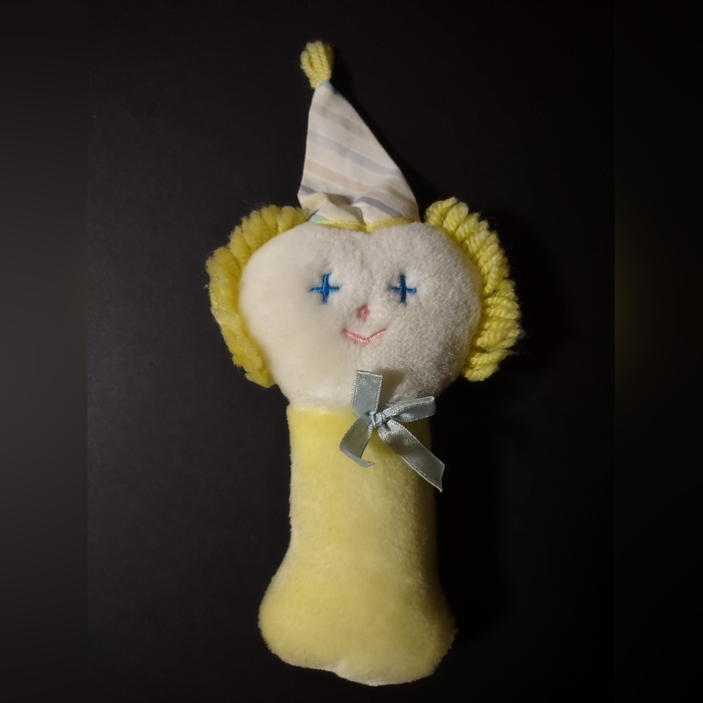 Vintage EDEN CLOWN With Hat Yellow Baby Rattle Stuffed Plush Toy